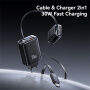USAMS CC296 GaN töltő adapter szett USB-C / USB-A portokkal és kihúzható USB-C kábel - 30W - fehér