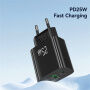 USAMS CC315 GaN gyorstöltő töltő adapter USB-C / USB-A portokkal - 25W - fehér