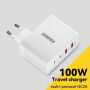 ESSAGER ES-CD37 gyorstöltő töltő adapter 2x USB-C / 2x USB-A portokkal - 100W - fehér