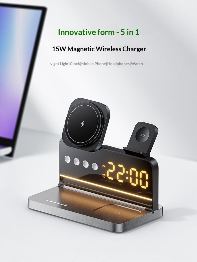HT-568 3 az 1-ben összecsukható mágneses Vezeték nélküli Állvány órával, ébresztővel és háttérvilágítással iPhone / Apple Watch / AirPods készülékekhez - 15W - szürke HT-568 3 az 1-ben összecsukható mágneses Vezeték nélküli Állvány órával, ébresztővel és háttérvilágítással iPhone / Apple Watch / AirPods készülékekhez - 15W - szürke