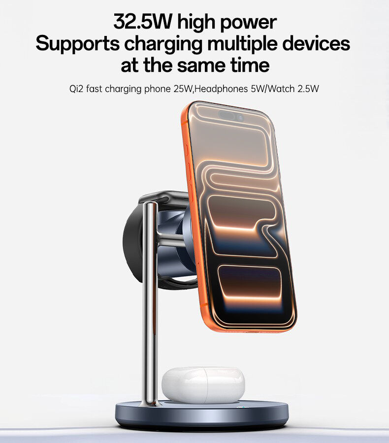 Yesido DS40 Qi2 3v1 mágneses vezeték nélküli állvány iPhone / Apple Watch / AirPods számára - 25W - szürke Yesido DS40 Qi2 3v1 mágneses vezeték nélküli állvány iPhone / Apple Watch / AirPods számára - 25W - szürke