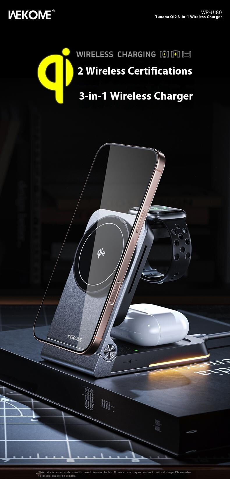 WEKOME WP-U180 Qi2 3 az 1-ben összecsukható mágneses vezeték nélküli állvány iPhone / Apple Watch / AirPods készülékekhez - 15W - szürke