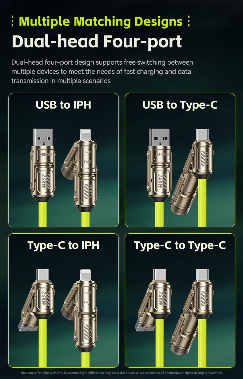 WEKOME WDC-80 2 az 1-ben spirál töltő- és adatkábel - USB-C / USB-A - USB-C / Lightning - 1,8 m - neonzöld