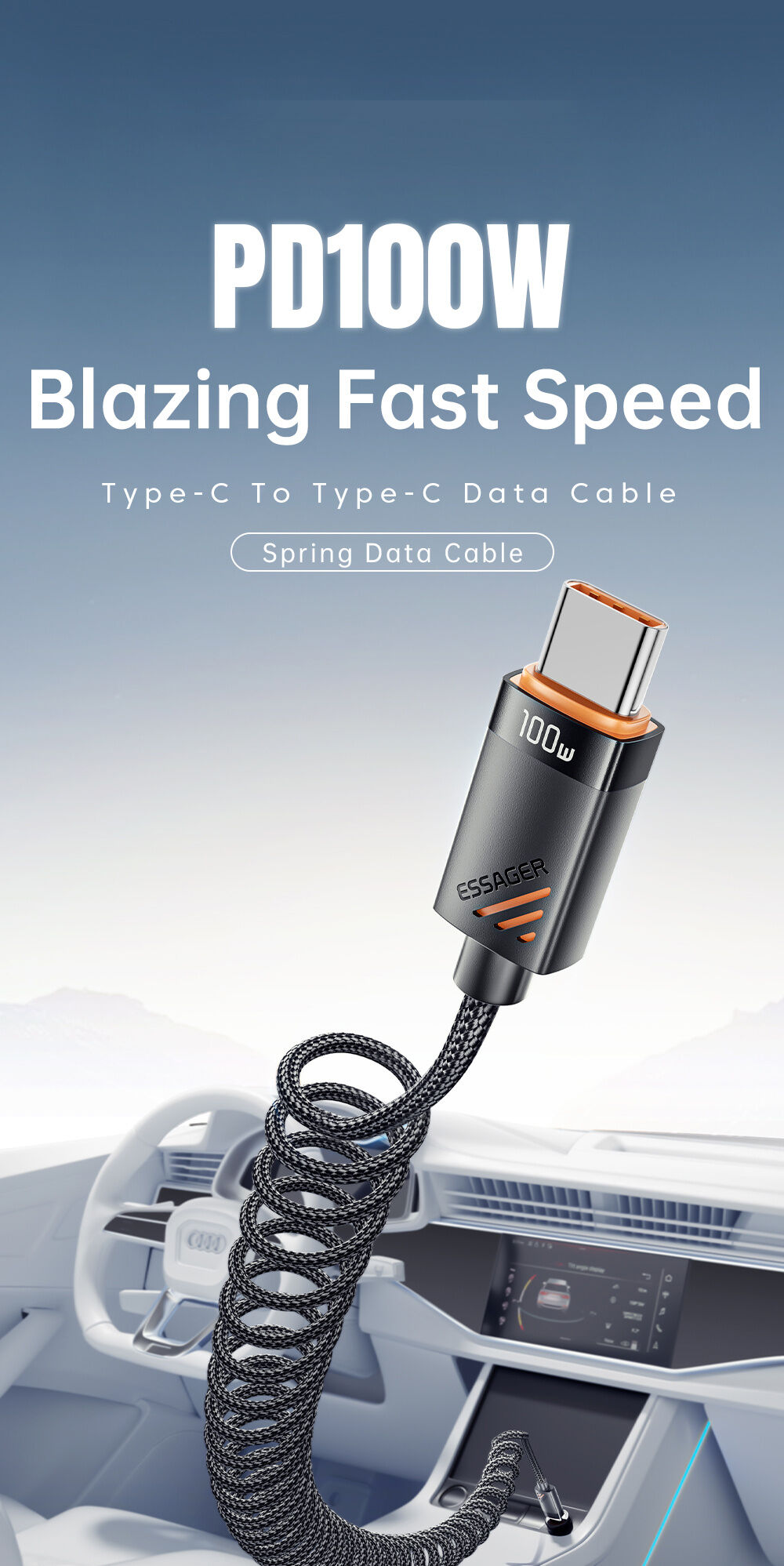 ESSAGER spirál fonott töltő- és adat kábel - USB-C - USB-C - 1,8 m - fekete