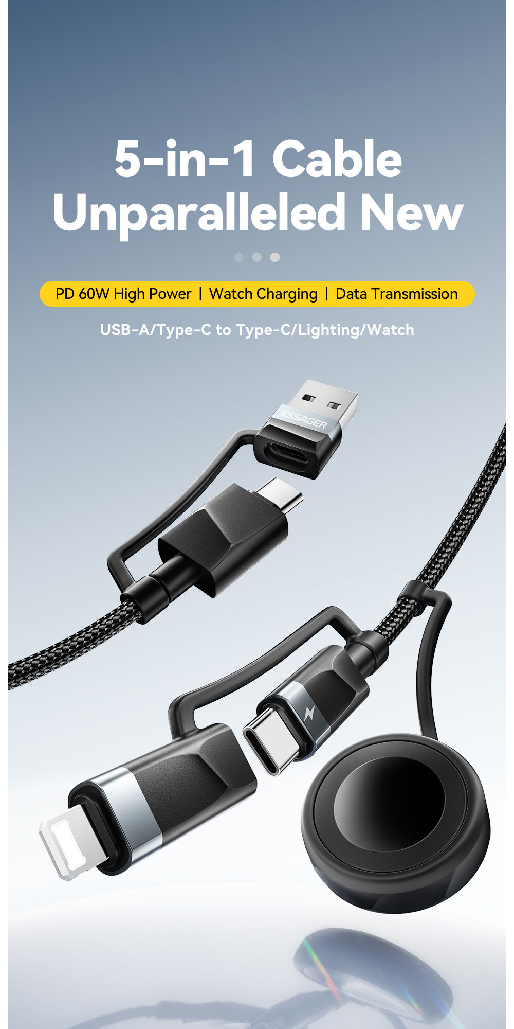 ESSAGER 3 az 1-ben univerzális fonott töltő- és adat Kábel - USB-C / USB-A mágneses korong / USB-C / Lightning - 2 m - fekete