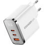 ESSAGER ES-CD64 GaN gyorstöltő töltő adapter kijelzővel és 2x USB-C / USB-A porttal - 65W - fehér