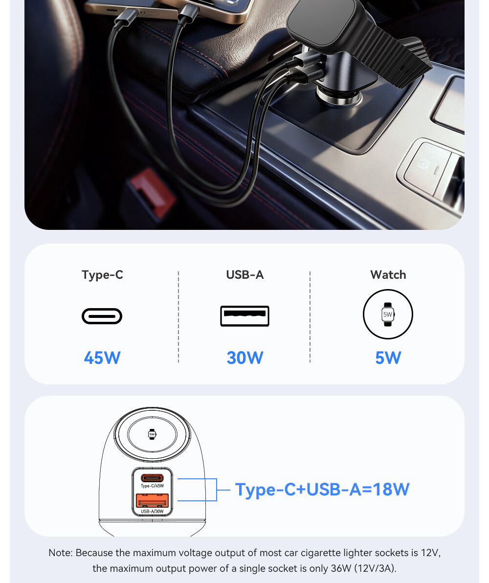 ESSAGER ES-CC31 autós töltő USB-C / USB-A portokkal és integrált Apple Watch töltővel - 50W - szürke ESSAGER ES-CC31 autós töltő USB-C / USB-A portokkal és integrált Apple Watch töltővel - 50W - szürke