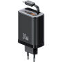 USAMS CC296 GaN Töltő adapter szett USB-C / USB-A portokkal és kihúzható USB-C Kábel - 30W - fekete