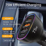 P54 autós töltő készlet 2x USB-C / 2x USB-A porttal és USB-C - USB-C kábellel - 75W - 1 m - fekete