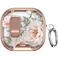 Rózsamintás tok rögzítővel és karabinerrel AirPods 4 / 5-höz - rózsaarany
