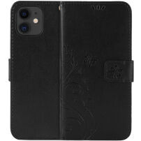 Dombornyomott flip cover tok - pillangó és virágok - iPhone 11 - fekete