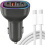 P54 autós töltő készlet 2x USB-C / 2x USB-A porttal és USB-C - USB-C kábellel - 75W - 1 m - fekete
