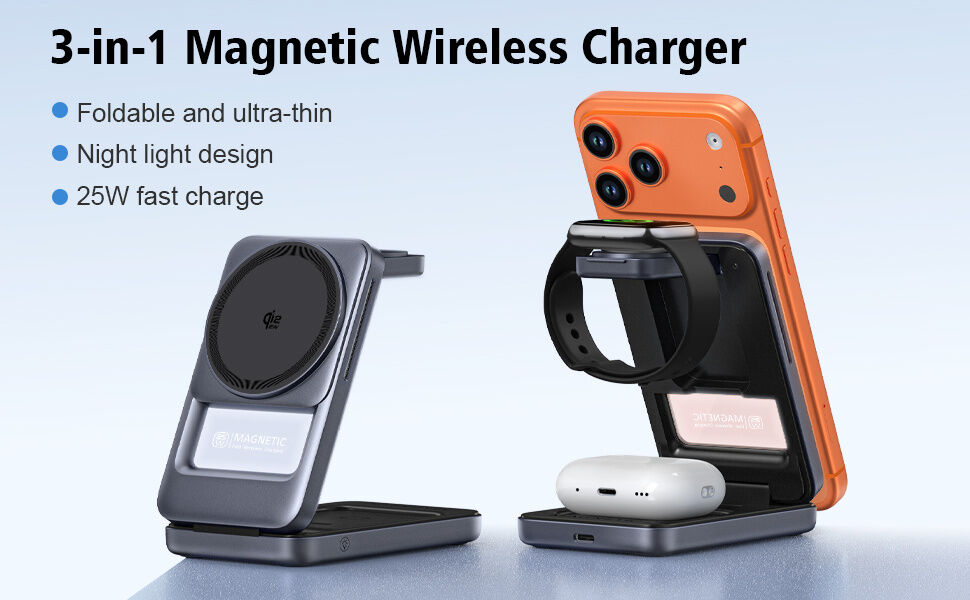 Q29 Qi2.2 3v1 összecsukható mágneses Vezeték nélküli Állvány iPhone / Apple Watch / AirPods készülékekhez - 25W - fehér