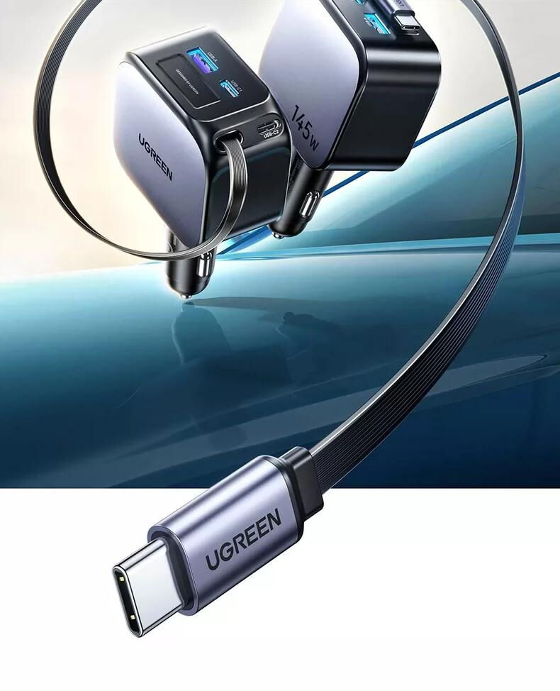 UGREEN EC604 autós töltő készlet 2x USB-C / USB-A porttal és visszahúzható USB-C Kábel - 145W - 70 cm - szürke