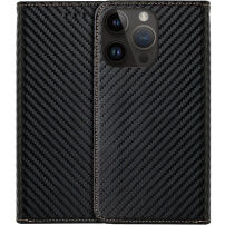 Flip cover borító szénszálas mintával - iPhone 13 Pro - fekete