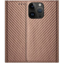 Flip cover borító szénszálas mintával - iPhone 14 Pro Max - barna