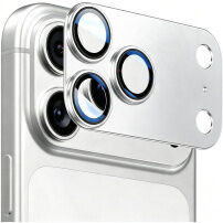 ENKAY Edzett üveg fém kerettel a kamera lencséinek védelmére iPhone 18 Pro készülékhez - ezüst