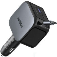 UGREEN EC604 autós töltő készlet 2x USB-C / USB-A porttal és visszahúzható USB-C Kábel - 145W - 70 cm - szürke