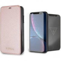 Guess Bundle tok és edzett üveg iPhone XR - rózsaszín-arany